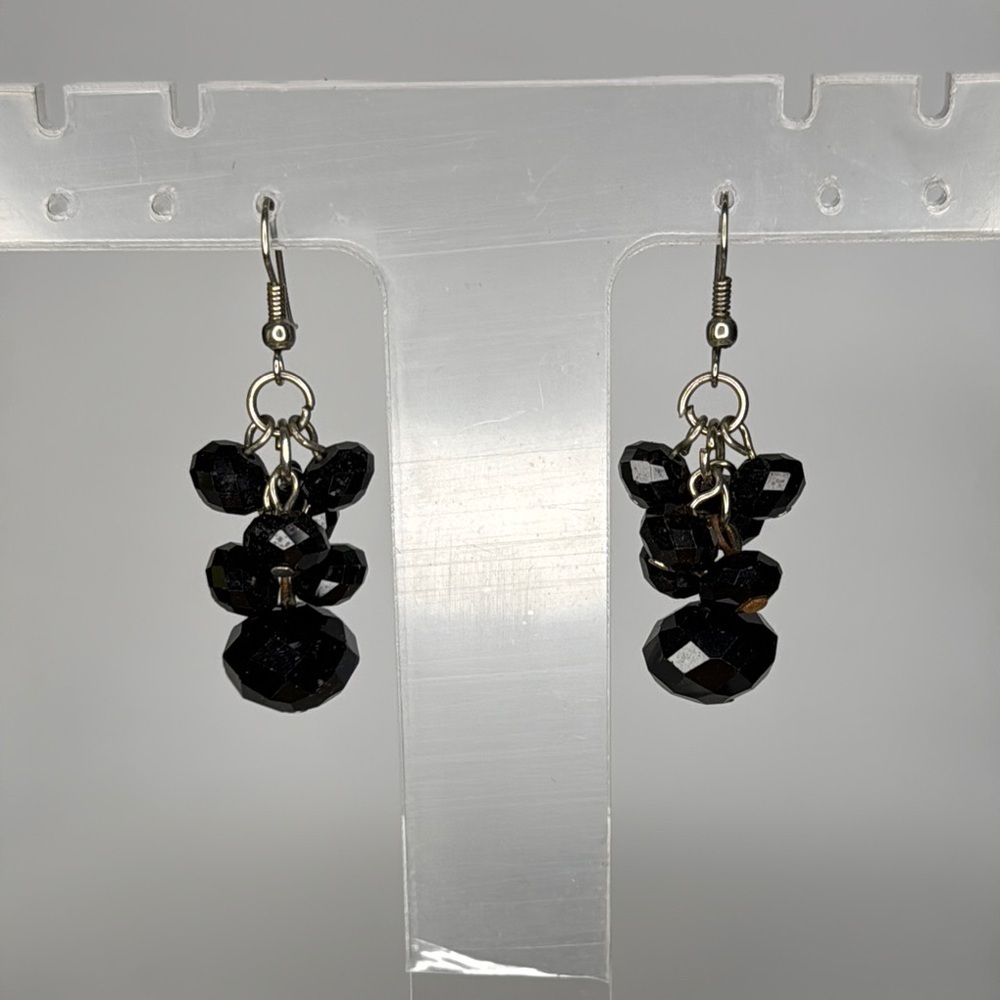 Black Cascading Bead Earrings with Silver Hooks